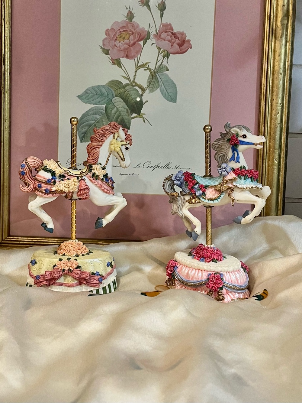 Pink Floral Carousel Horse Figurines - Decorative Home Accent